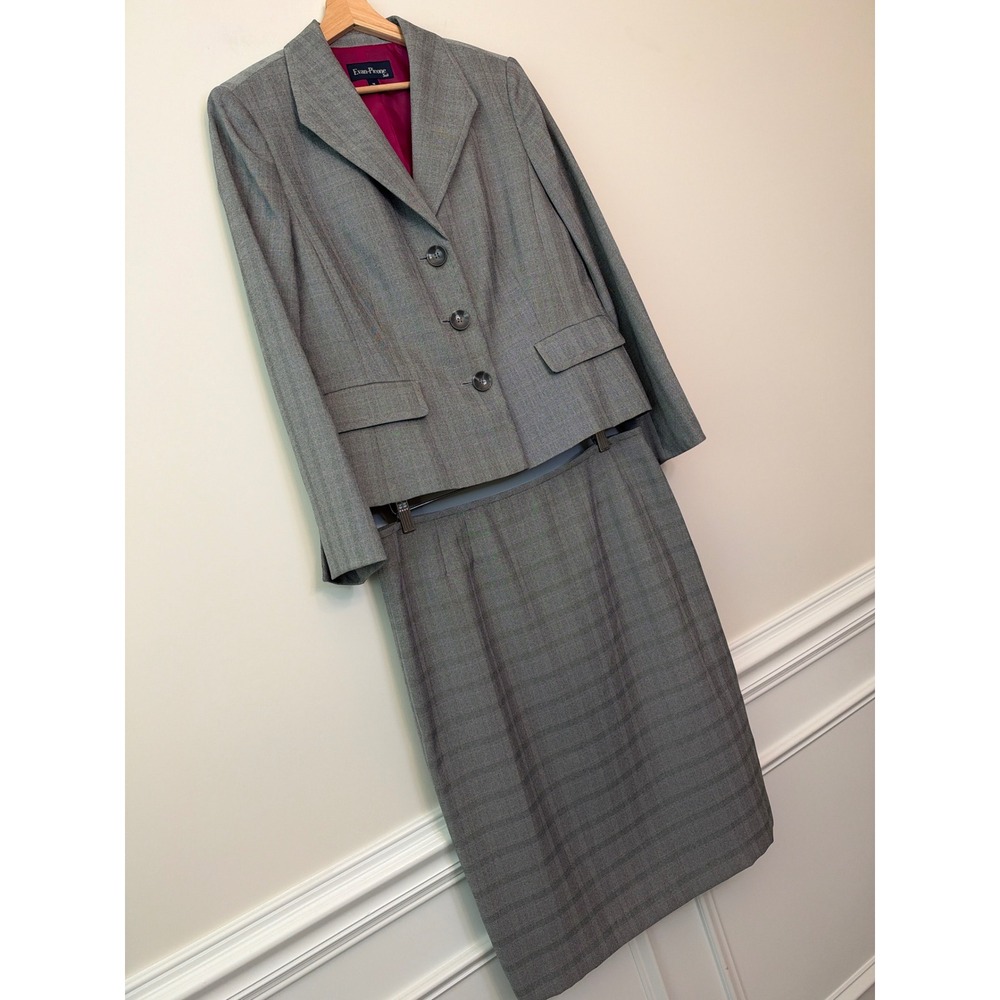 Evan-Picone Skirt Suit Women 16 Gray Plaid Blazer Pencil Skirt Professional